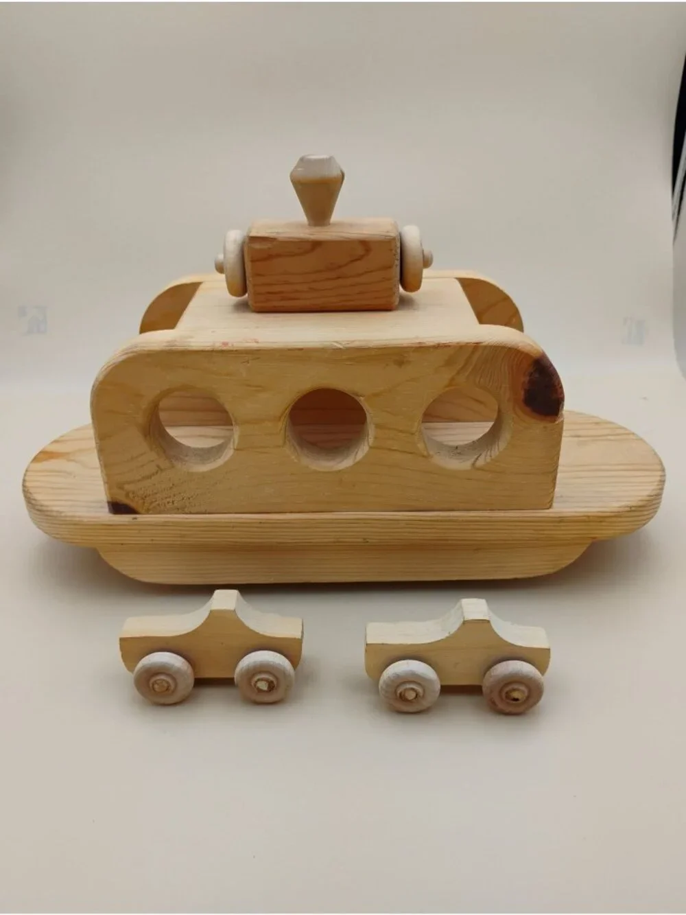 Handcrafted Wooden Ferry Boat With Two Cars – Vintage Pine Wood Toy 14